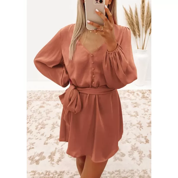 imagePRETTYGARDEN Womens Long Puff Sleeve Satin V Neck Cocktail Party Belted Short Formal DressesOrange