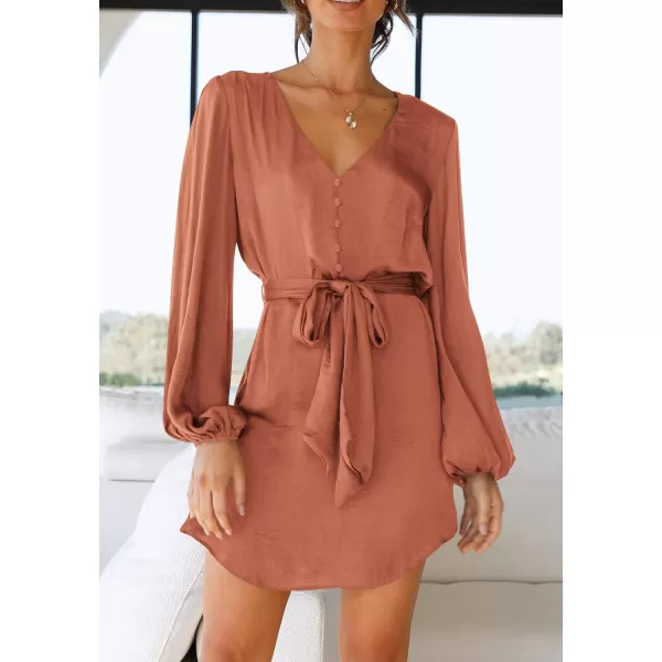 imagePRETTYGARDEN Womens Long Puff Sleeve Satin V Neck Cocktail Party Belted Short Formal DressesOrange