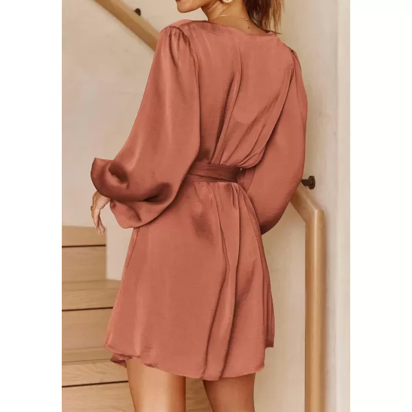 imagePRETTYGARDEN Womens Long Puff Sleeve Satin V Neck Cocktail Party Belted Short Formal DressesOrange