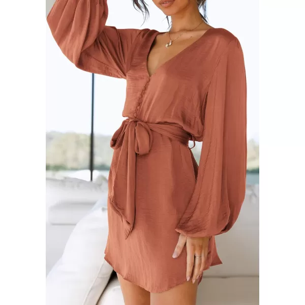 imagePRETTYGARDEN Womens Long Puff Sleeve Satin V Neck Cocktail Party Belted Short Formal DressesOrange