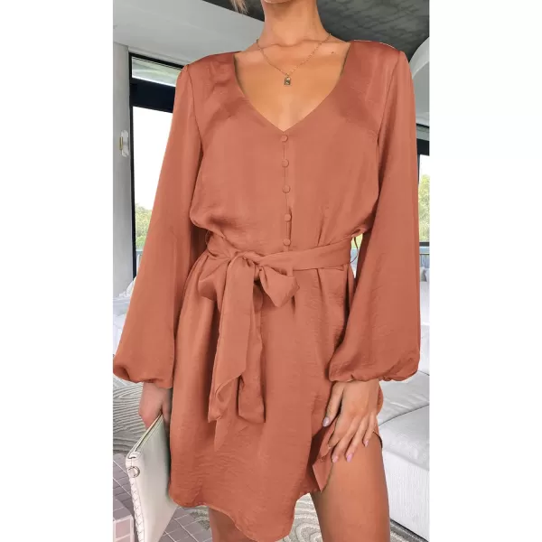 imagePRETTYGARDEN Womens Long Puff Sleeve Satin V Neck Cocktail Party Belted Short Formal DressesOrange