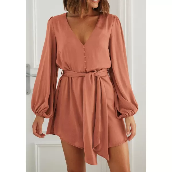 imagePRETTYGARDEN Womens Long Puff Sleeve Satin V Neck Cocktail Party Belted Short Formal DressesOrange
