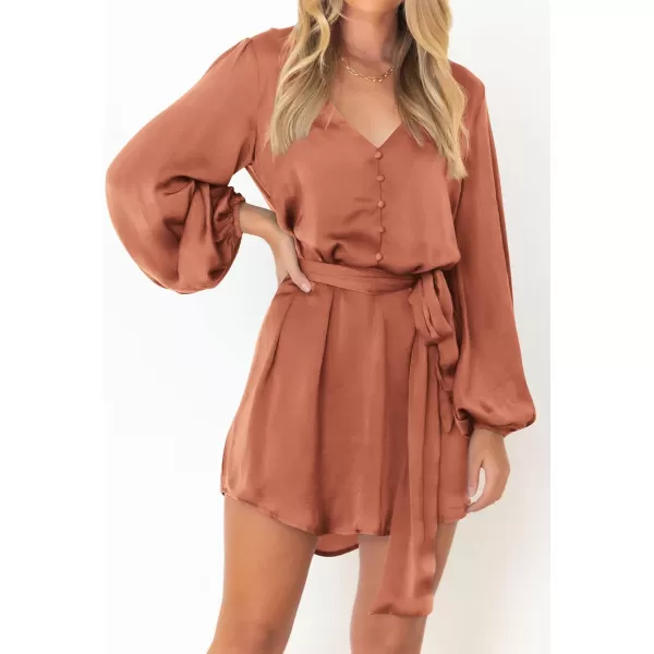 imagePRETTYGARDEN Womens Long Puff Sleeve Satin V Neck Cocktail Party Belted Short Formal DressesOrange