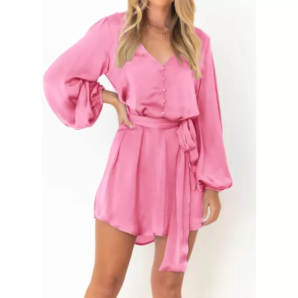 imagePRETTYGARDEN Womens Long Puff Sleeve Satin V Neck Cocktail Party Belted Short Formal DressesPink