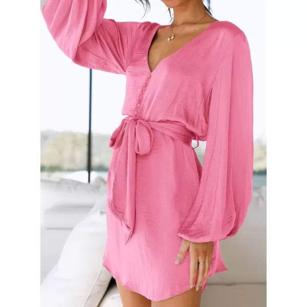 imagePRETTYGARDEN Womens Long Puff Sleeve Satin V Neck Cocktail Party Belted Short Formal DressesPink