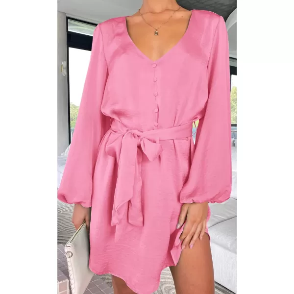 imagePRETTYGARDEN Womens Long Puff Sleeve Satin V Neck Cocktail Party Belted Short Formal DressesPink
