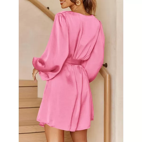 imagePRETTYGARDEN Womens Long Puff Sleeve Satin V Neck Cocktail Party Belted Short Formal DressesPink