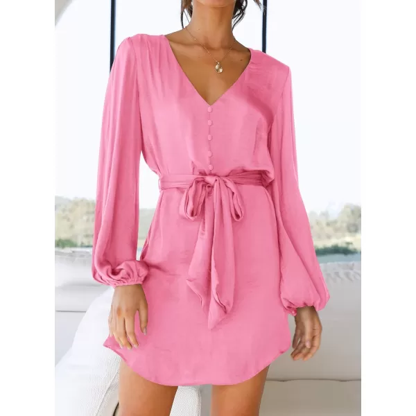 imagePRETTYGARDEN Womens Long Puff Sleeve Satin V Neck Cocktail Party Belted Short Formal DressesPink