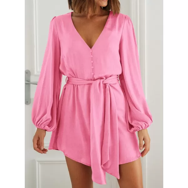 imagePRETTYGARDEN Womens Long Puff Sleeve Satin V Neck Cocktail Party Belted Short Formal DressesPink