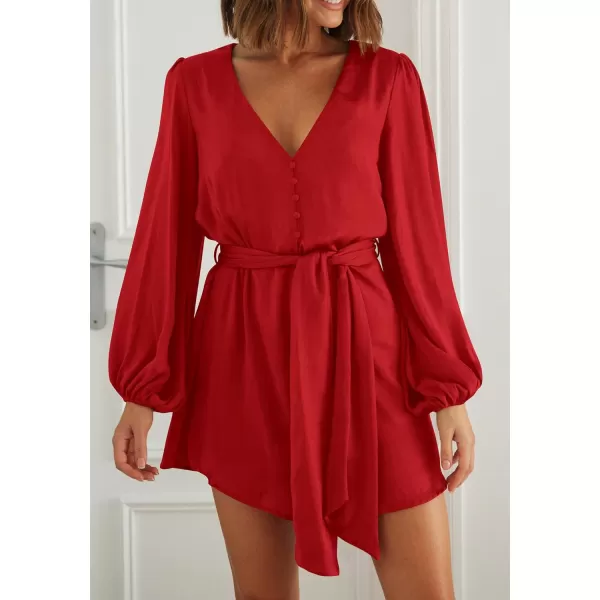 imagePRETTYGARDEN Womens Long Puff Sleeve Satin V Neck Cocktail Party Belted Short Formal DressesRed