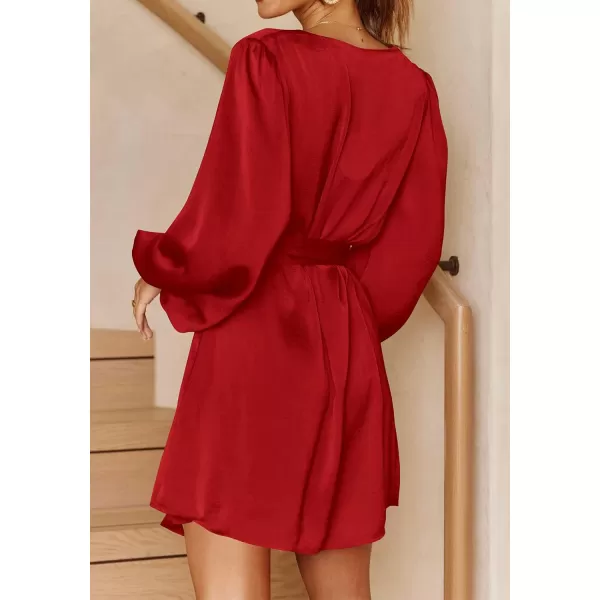 imagePRETTYGARDEN Womens Long Puff Sleeve Satin V Neck Cocktail Party Belted Short Formal DressesRed