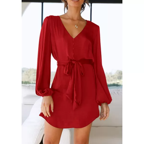 imagePRETTYGARDEN Womens Long Puff Sleeve Satin V Neck Cocktail Party Belted Short Formal DressesRed