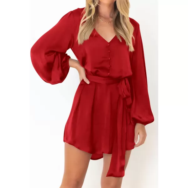 imagePRETTYGARDEN Womens Long Puff Sleeve Satin V Neck Cocktail Party Belted Short Formal DressesRed
