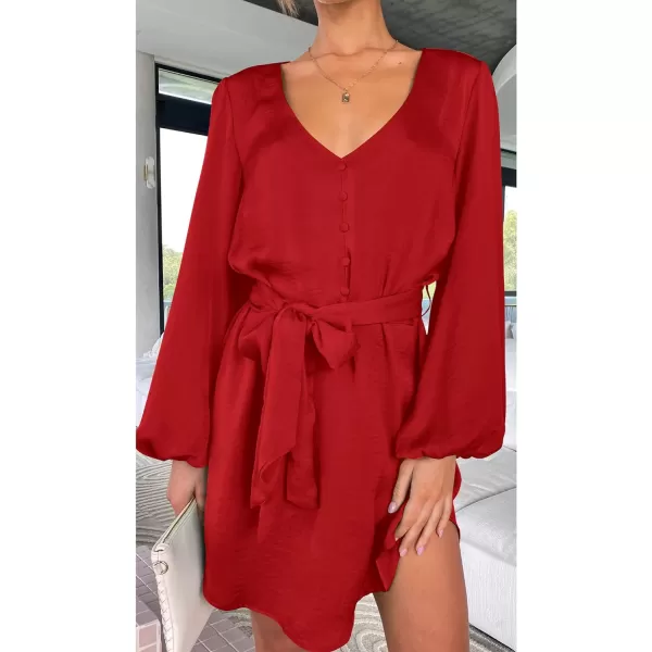 imagePRETTYGARDEN Womens Long Puff Sleeve Satin V Neck Cocktail Party Belted Short Formal DressesRed