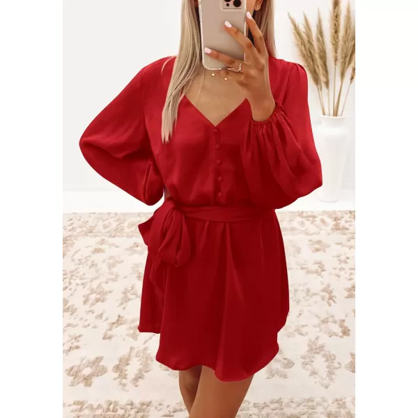 imagePRETTYGARDEN Womens Long Puff Sleeve Satin V Neck Cocktail Party Belted Short Formal DressesRed