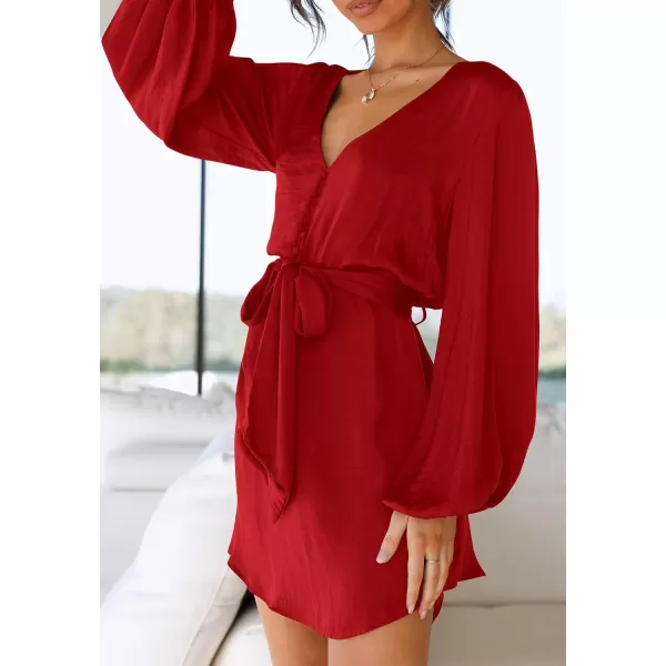imagePRETTYGARDEN Womens Long Puff Sleeve Satin V Neck Cocktail Party Belted Short Formal DressesRed