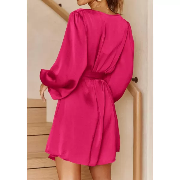 imagePRETTYGARDEN Womens Long Puff Sleeve Satin V Neck Cocktail Party Belted Short Formal DressesRose Red