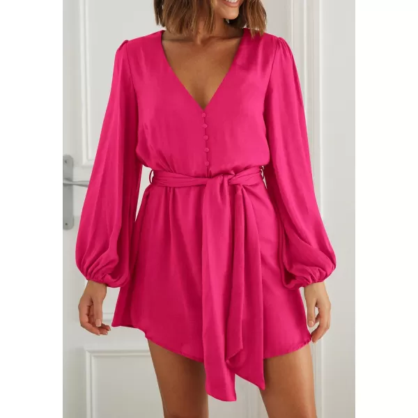imagePRETTYGARDEN Womens Long Puff Sleeve Satin V Neck Cocktail Party Belted Short Formal DressesRose Red