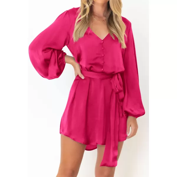 imagePRETTYGARDEN Womens Long Puff Sleeve Satin V Neck Cocktail Party Belted Short Formal DressesRose Red