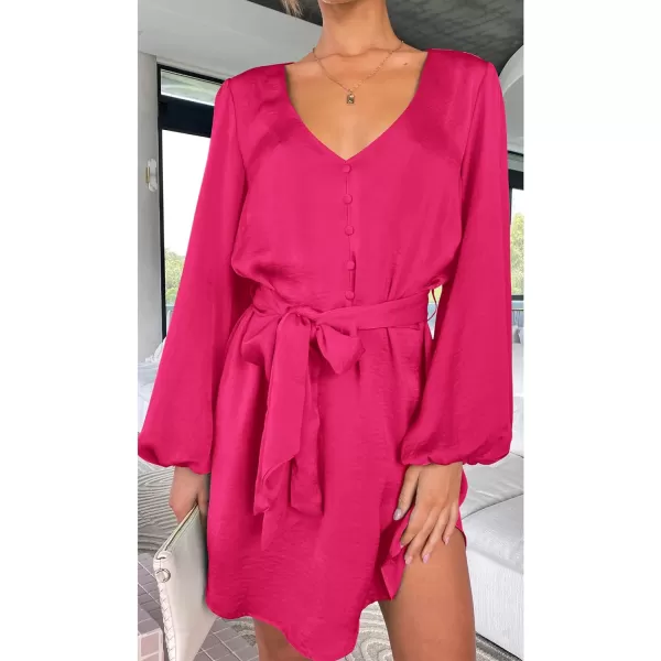 imagePRETTYGARDEN Womens Long Puff Sleeve Satin V Neck Cocktail Party Belted Short Formal DressesRose Red