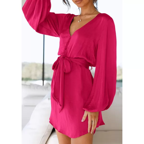 imagePRETTYGARDEN Womens Long Puff Sleeve Satin V Neck Cocktail Party Belted Short Formal DressesRose Red