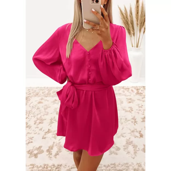 imagePRETTYGARDEN Womens Long Puff Sleeve Satin V Neck Cocktail Party Belted Short Formal DressesRose Red