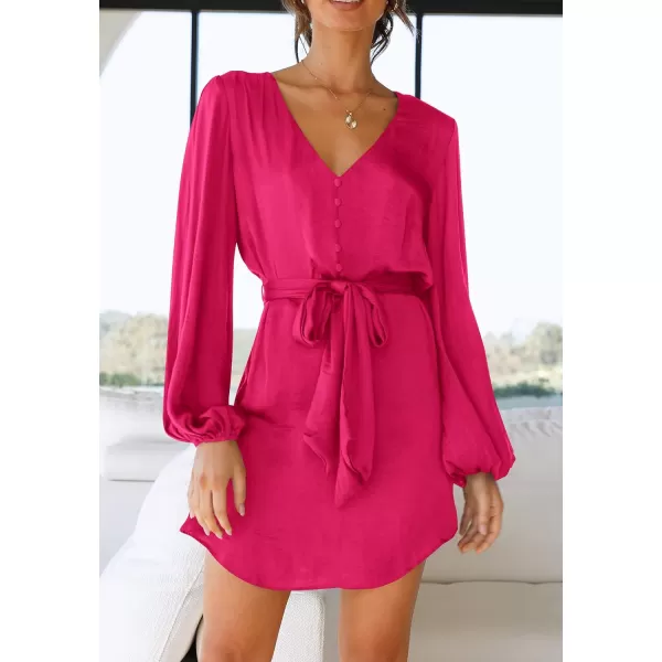 imagePRETTYGARDEN Womens Long Puff Sleeve Satin V Neck Cocktail Party Belted Short Formal DressesRose Red