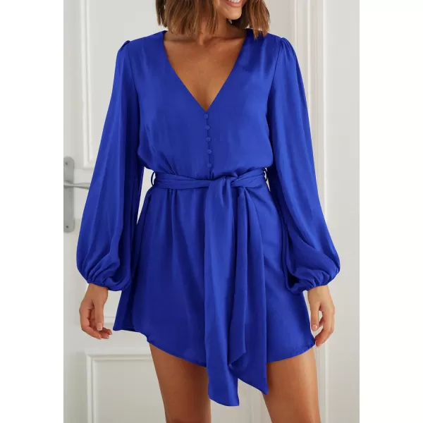 imagePRETTYGARDEN Womens Long Puff Sleeve Satin V Neck Cocktail Party Belted Short Formal DressesRoyal Blue