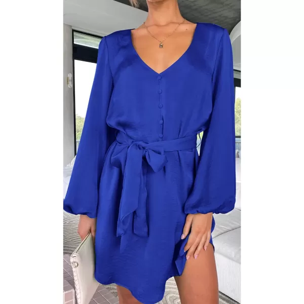 imagePRETTYGARDEN Womens Long Puff Sleeve Satin V Neck Cocktail Party Belted Short Formal DressesRoyal Blue