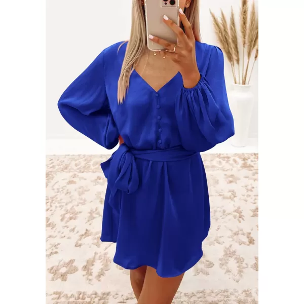 imagePRETTYGARDEN Womens Long Puff Sleeve Satin V Neck Cocktail Party Belted Short Formal DressesRoyal Blue