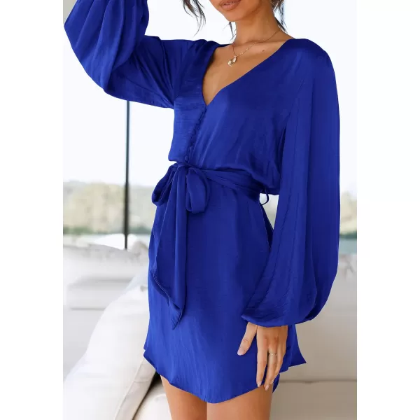 imagePRETTYGARDEN Womens Long Puff Sleeve Satin V Neck Cocktail Party Belted Short Formal DressesRoyal Blue