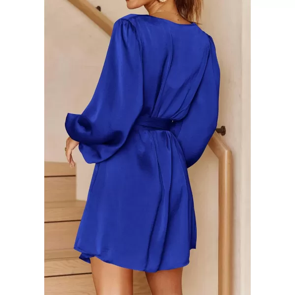 imagePRETTYGARDEN Womens Long Puff Sleeve Satin V Neck Cocktail Party Belted Short Formal DressesRoyal Blue