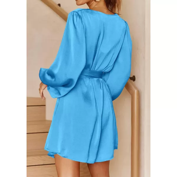 imagePRETTYGARDEN Womens Long Puff Sleeve Satin V Neck Cocktail Party Belted Short Formal DressesSky Blue