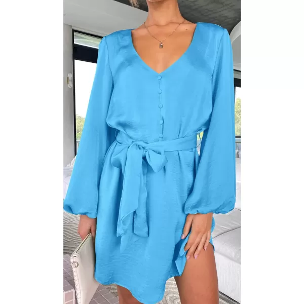 imagePRETTYGARDEN Womens Long Puff Sleeve Satin V Neck Cocktail Party Belted Short Formal DressesSky Blue