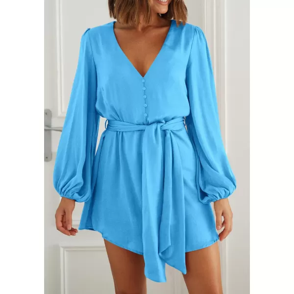 imagePRETTYGARDEN Womens Long Puff Sleeve Satin V Neck Cocktail Party Belted Short Formal DressesSky Blue