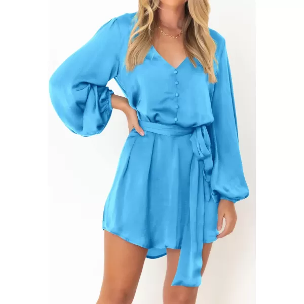 imagePRETTYGARDEN Womens Long Puff Sleeve Satin V Neck Cocktail Party Belted Short Formal DressesSky Blue