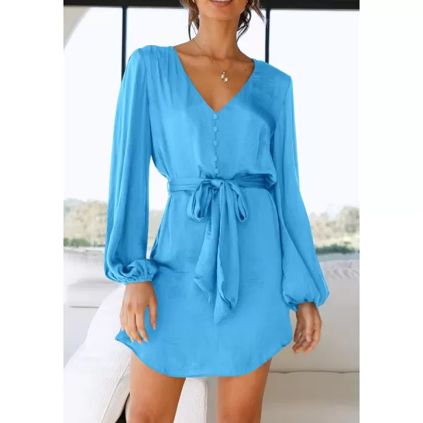 imagePRETTYGARDEN Womens Long Puff Sleeve Satin V Neck Cocktail Party Belted Short Formal DressesSky Blue