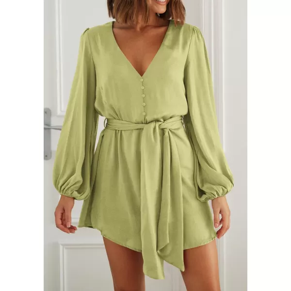 imagePRETTYGARDEN Womens Long Puff Sleeve Satin V Neck Cocktail Party Belted Short Formal DressesTender Green