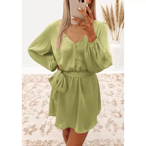 imagePRETTYGARDEN Womens Long Puff Sleeve Satin V Neck Cocktail Party Belted Short Formal DressesTender Green