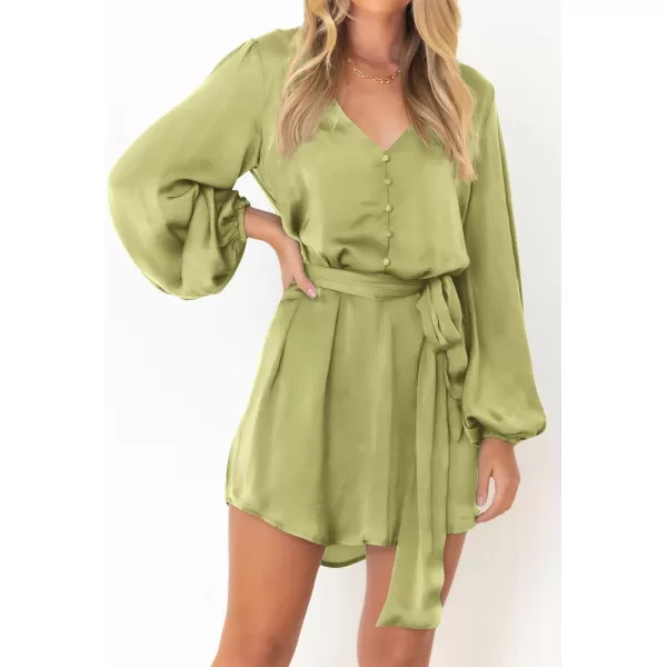 imagePRETTYGARDEN Womens Long Puff Sleeve Satin V Neck Cocktail Party Belted Short Formal DressesTender Green