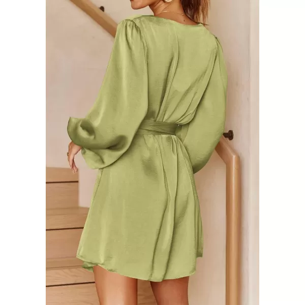 imagePRETTYGARDEN Womens Long Puff Sleeve Satin V Neck Cocktail Party Belted Short Formal DressesTender Green
