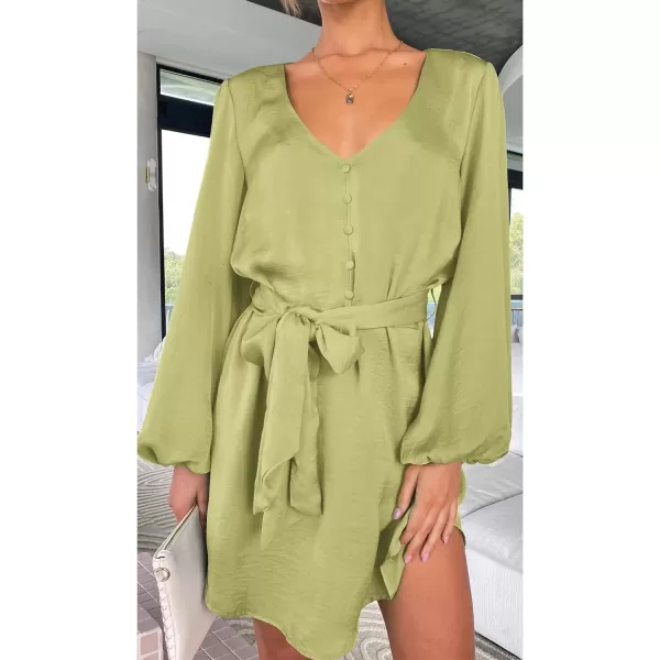 imagePRETTYGARDEN Womens Long Puff Sleeve Satin V Neck Cocktail Party Belted Short Formal DressesTender Green