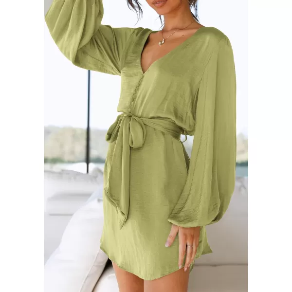imagePRETTYGARDEN Womens Long Puff Sleeve Satin V Neck Cocktail Party Belted Short Formal DressesTender Green