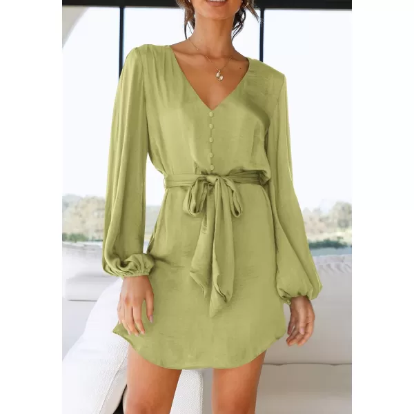 imagePRETTYGARDEN Womens Long Puff Sleeve Satin V Neck Cocktail Party Belted Short Formal DressesTender Green