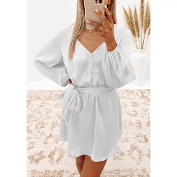imagePRETTYGARDEN Womens Long Puff Sleeve Satin V Neck Cocktail Party Belted Short Formal DressesWhite