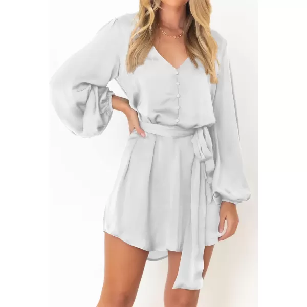 imagePRETTYGARDEN Womens Long Puff Sleeve Satin V Neck Cocktail Party Belted Short Formal DressesWhite