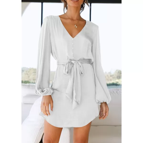 imagePRETTYGARDEN Womens Long Puff Sleeve Satin V Neck Cocktail Party Belted Short Formal DressesWhite