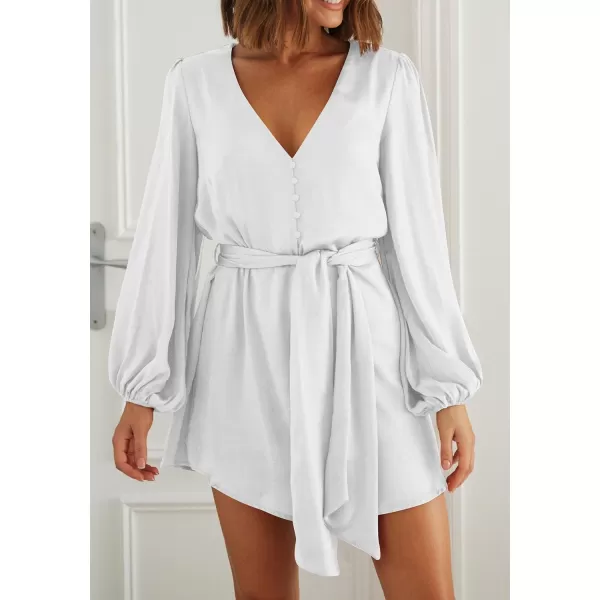 imagePRETTYGARDEN Womens Long Puff Sleeve Satin V Neck Cocktail Party Belted Short Formal DressesWhite