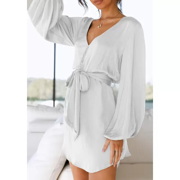 imagePRETTYGARDEN Womens Long Puff Sleeve Satin V Neck Cocktail Party Belted Short Formal DressesWhite