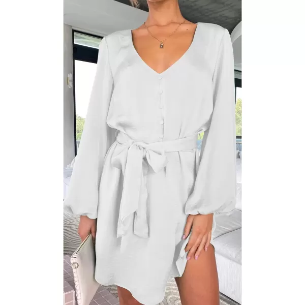 imagePRETTYGARDEN Womens Long Puff Sleeve Satin V Neck Cocktail Party Belted Short Formal DressesWhite